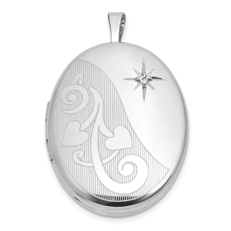 Sterling Silver Rh-Pl Brushed and Polished Diamond Hearts 26mm Oval Locket