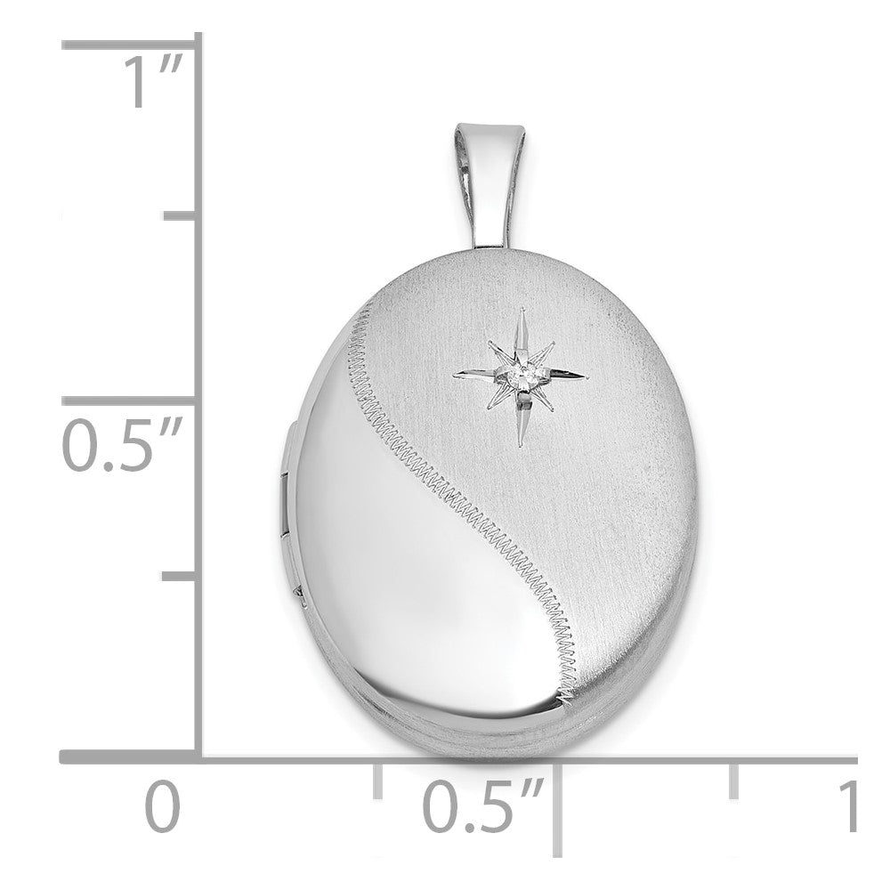 Sterling Silver Rh-Pl Brushed and Polished Diamond 19mm Oval Locket