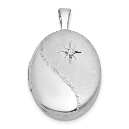 Sterling Silver Rh-Pl Brushed and Polished Diamond 19mm Oval Locket