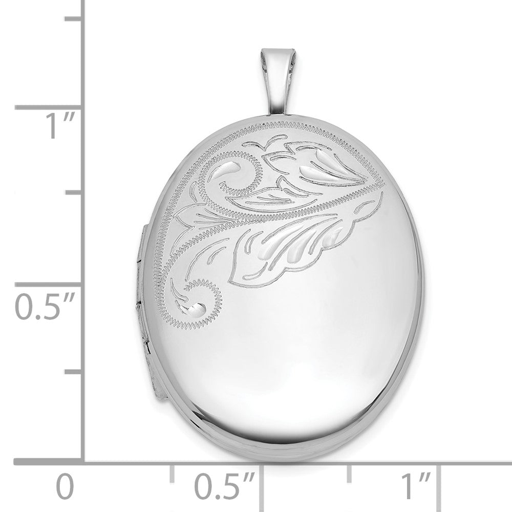 Sterling Silver Rh-Pl Brushed and Polished Floral Design 20mm Oval Locket