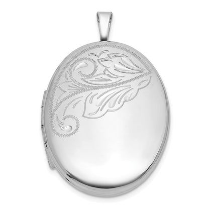 Sterling Silver Rh-Pl Brushed and Polished Floral Design 20mm Oval Locket