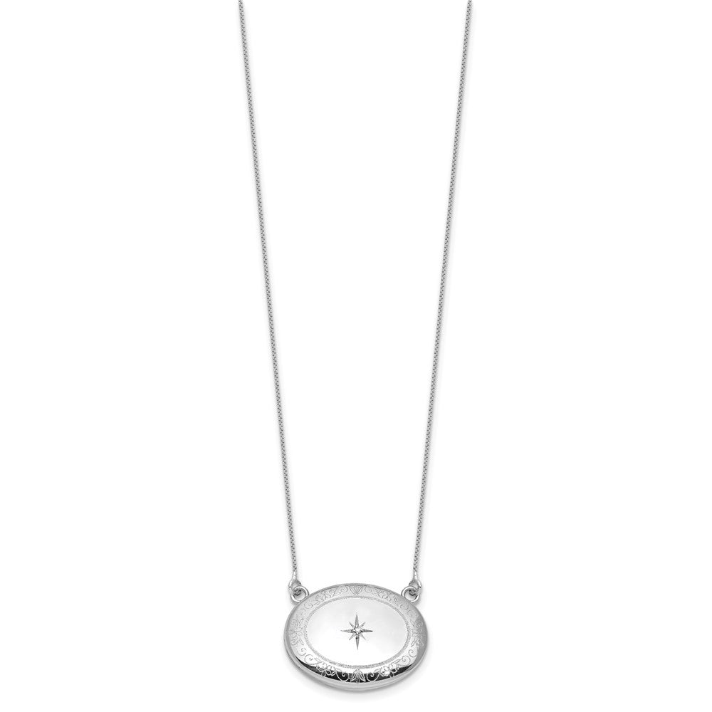 Sterling Silver Rh-Pl Diamond Floral 20mm Oval Locket w/2 in Ext. Necklace