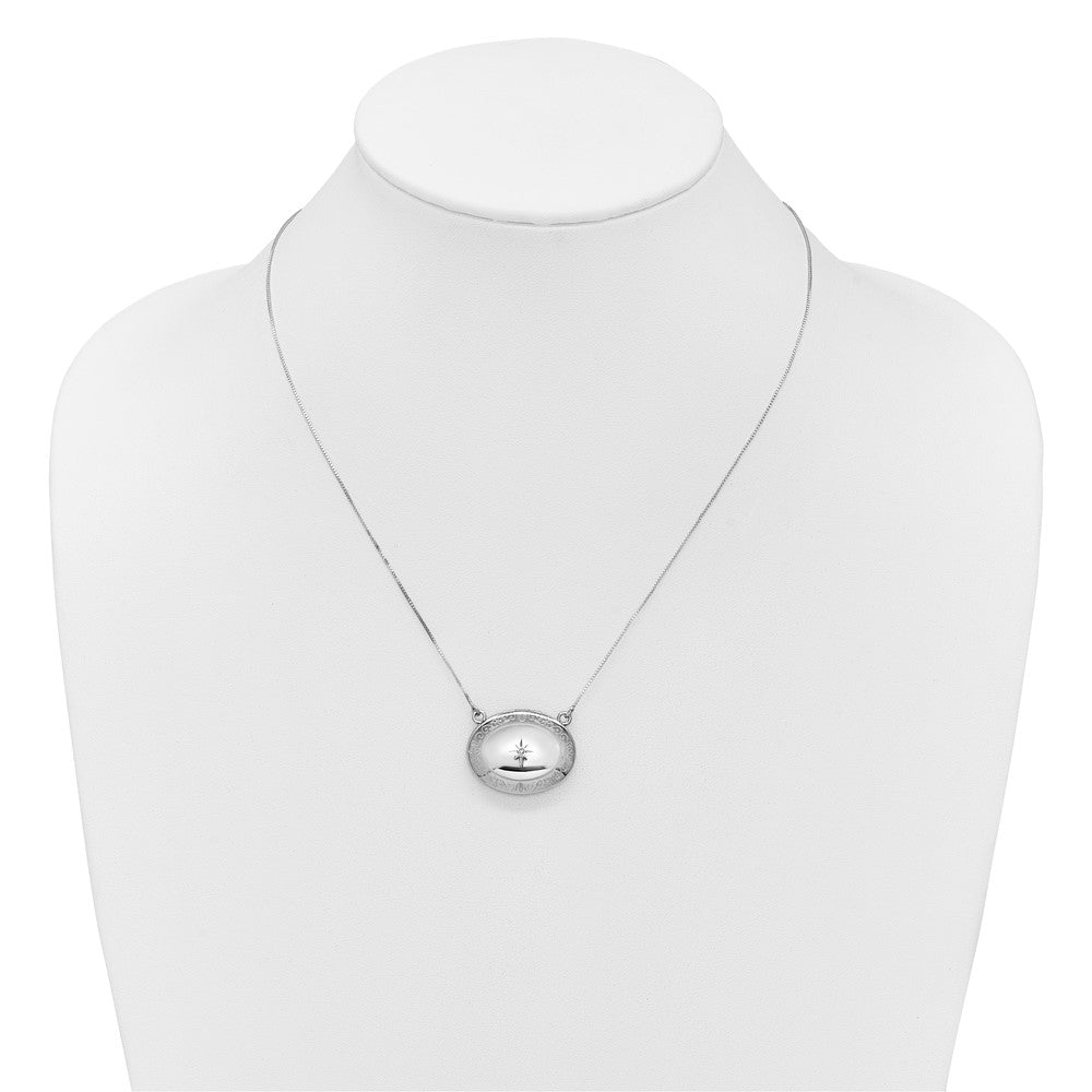 Sterling Silver Rh-Pl Diamond Floral 20mm Oval Locket w/2 in Ext. Necklace