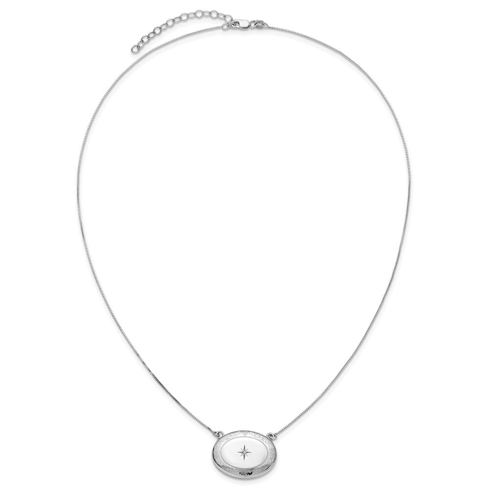 Sterling Silver Rh-Pl Diamond Floral 20mm Oval Locket w/2 in Ext. Necklace