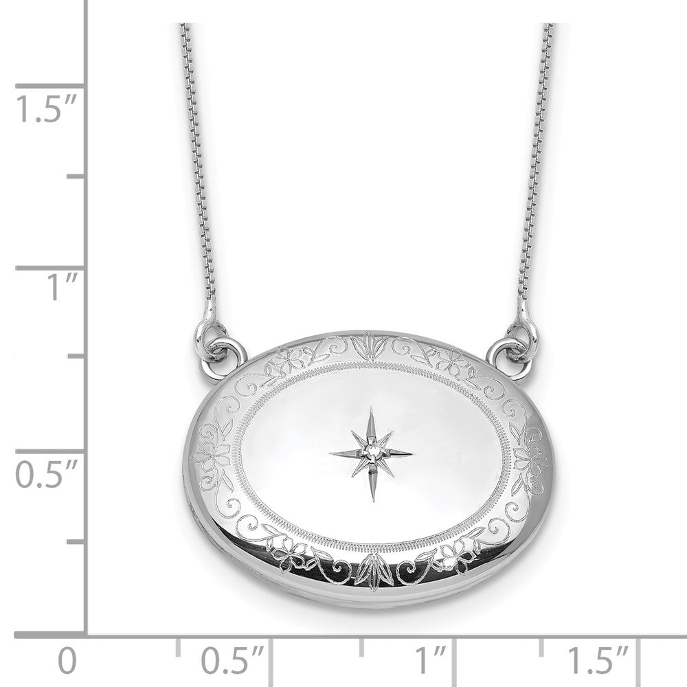 Sterling Silver Rh-Pl Diamond Floral 20mm Oval Locket w/2 in Ext. Necklace