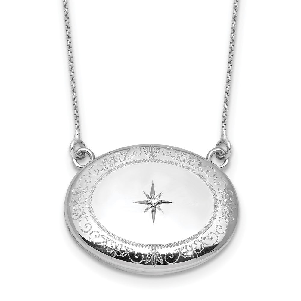 Sterling Silver Rh-Pl Diamond Floral 20mm Oval Locket w/2 in Ext. Necklace