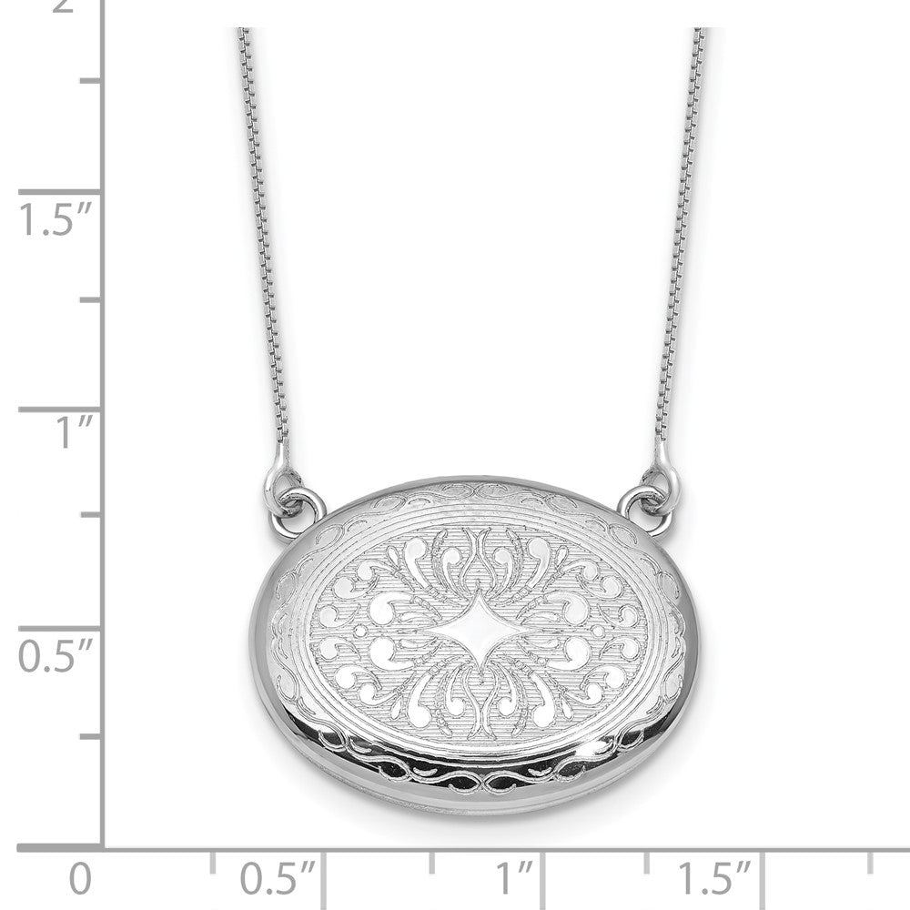 Sterling Silver Rh-Pl 20mm Oval Filigree Design Locket w/2 in Ext. Necklace