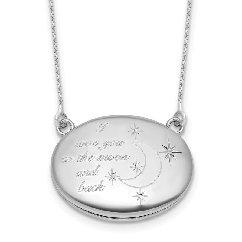 Sterling Silver Rh-Pl 20mm Oval Love You to the Moon.. Locket w/2 in Ext. Necklace