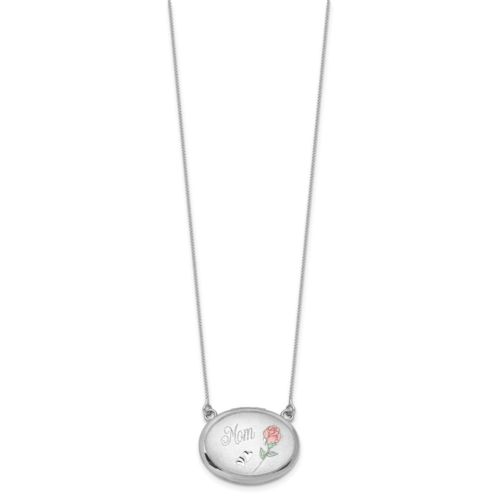 Sterling Silver Rh-Pl 20mm Oval Mom Epoxy Flower Locket w/2 in Ext. Necklace