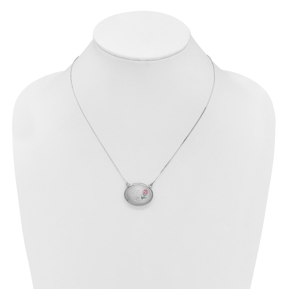 Sterling Silver Rh-Pl 20mm Oval Mom Epoxy Flower Locket w/2 in Ext. Necklace