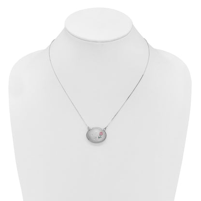Sterling Silver Rh-Pl 20mm Oval Mom Epoxy Flower Locket w/2 in Ext. Necklace