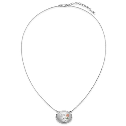 Sterling Silver Rh-Pl 20mm Oval Mom Epoxy Flower Locket w/2 in Ext. Necklace