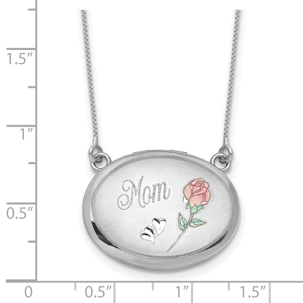 Sterling Silver Rh-Pl 20mm Oval Mom Epoxy Flower Locket w/2 in Ext. Necklace