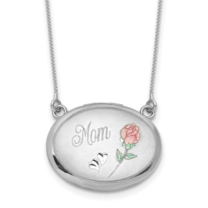 Sterling Silver Rh-Pl 20mm Oval Mom Epoxy Flower Locket w/2 in Ext. Necklace
