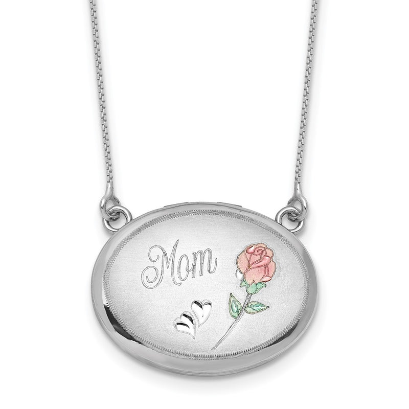 Sterling Silver Rh-Pl 20mm Oval Mom Epoxy Flower Locket w/2 in Ext. Necklace