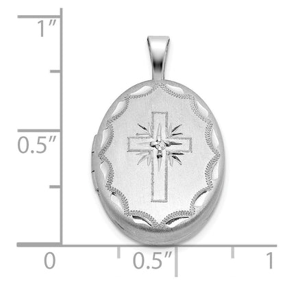 Sterling Silver Rh-Pl Brushed Diamond and Cross 19mm Oval Locket