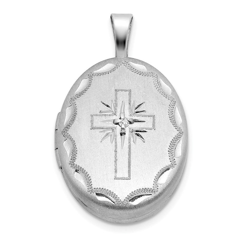 Sterling Silver Rh-Pl Brushed Diamond and Cross 19mm Oval Locket