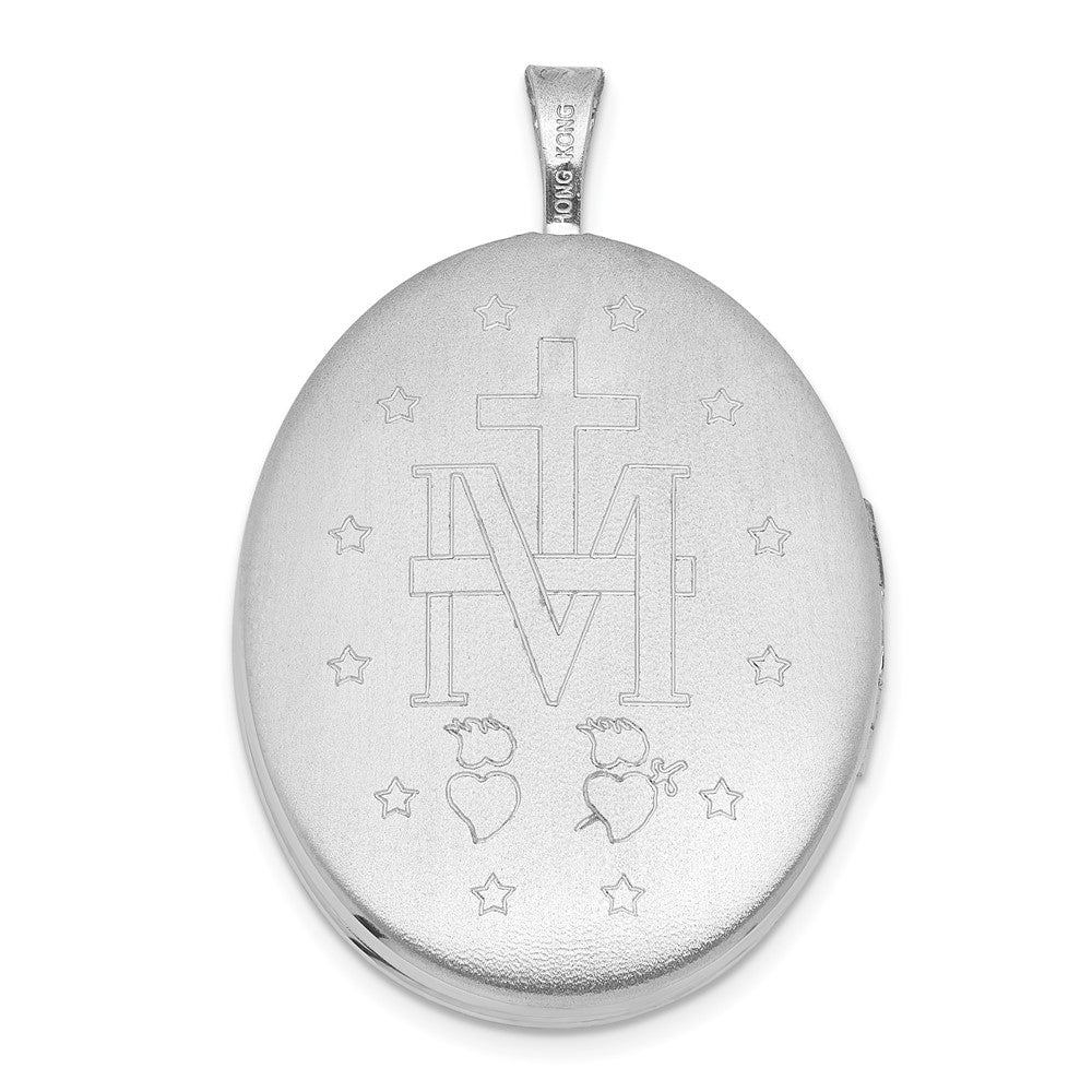 Sterling Silver Rh-Pl Brushed and Polished Miraculous Medal 20mm Oval Locket