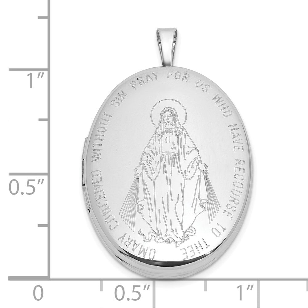 Sterling Silver Rh-Pl Brushed and Polished Miraculous Medal 20mm Oval Locket