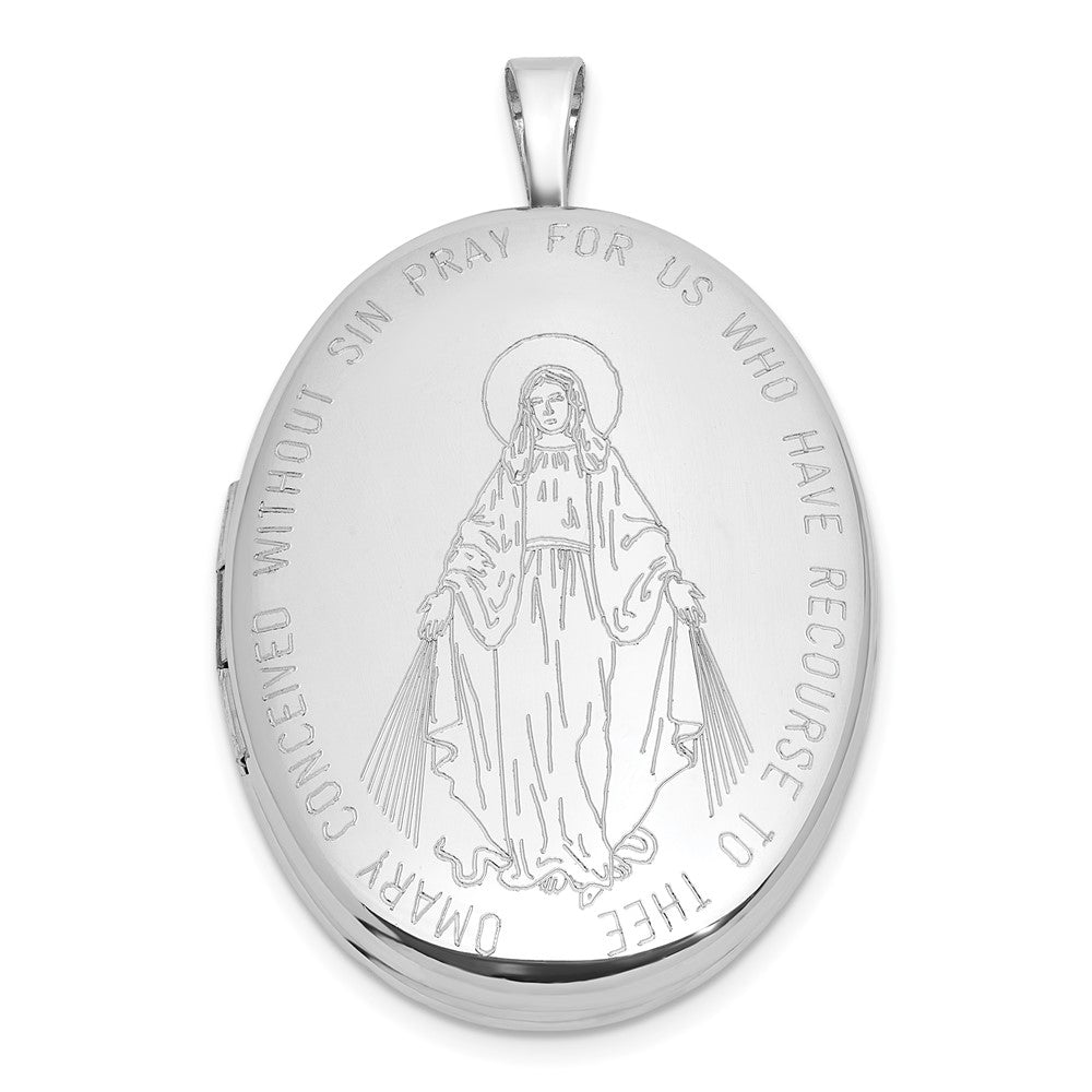 Sterling Silver Rh-Pl Brushed and Polished Miraculous Medal 20mm Oval Locket