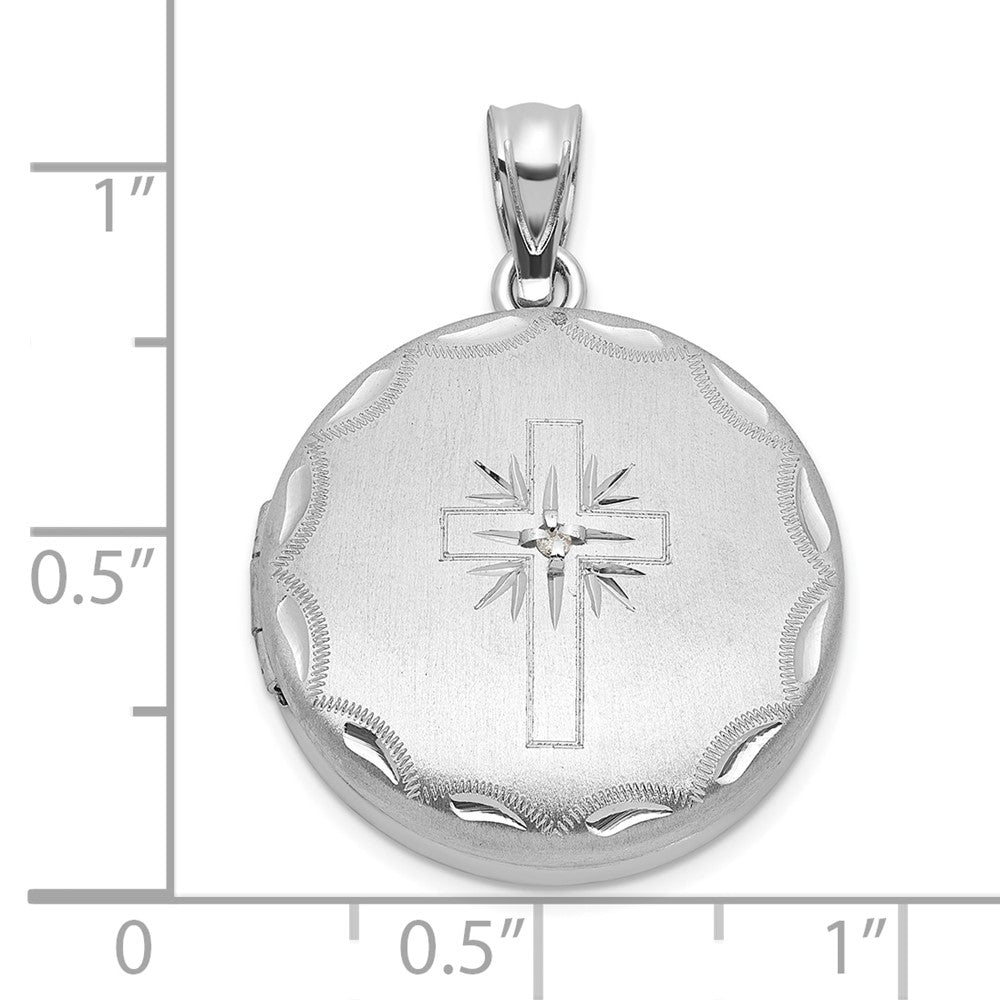 Sterling Silver Rh-Pl Brushed and Polished Diamond Cross 20mm Round Locket