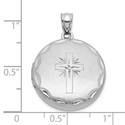 Sterling Silver Rh-Pl Brushed and Polished Diamond Cross 20mm Round Locket