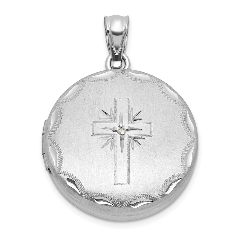 Sterling Silver Rh-Pl Brushed and Polished Diamond Cross 20mm Round Locket