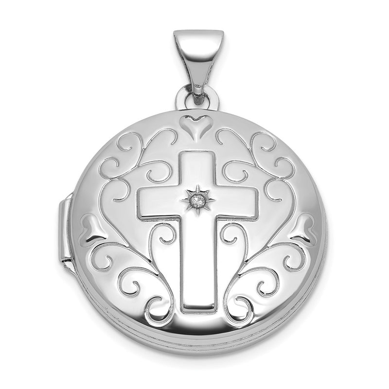 Sterling Silver Rhodium-Plated Diamond Cross and Heart 20mm Round Locket