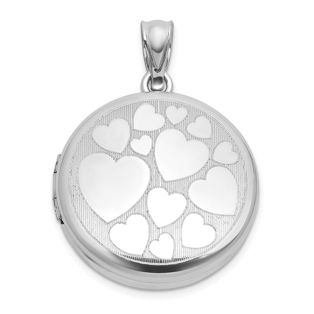 Sterling Silver Rh-Pl Brushed and Polished Multi Heart 20mm Round Locket