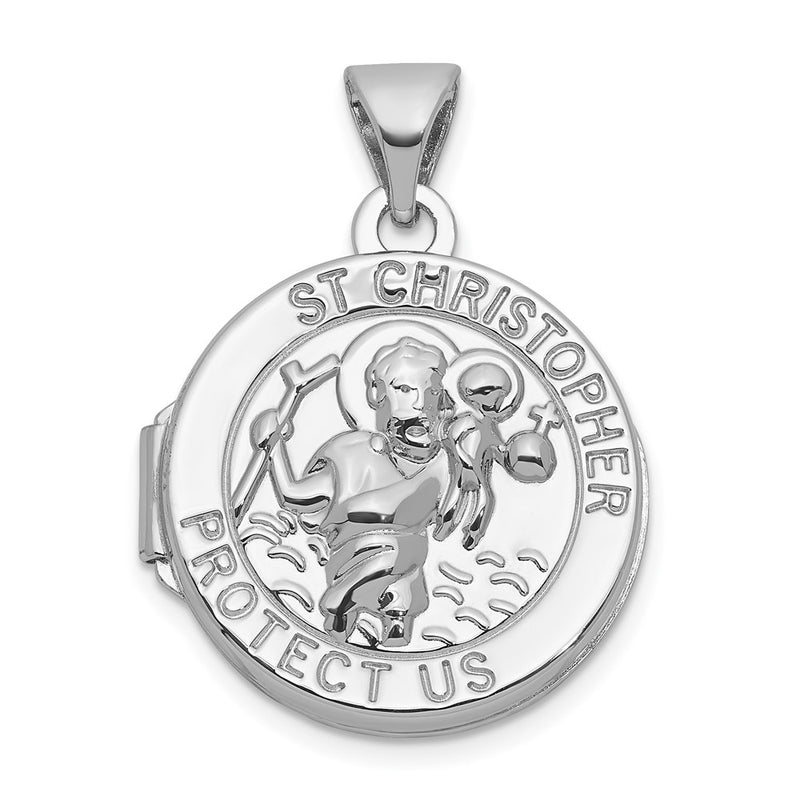 Sterling Silver Rhodium Plated St. Christopher Protect Us 16mm Round Locket