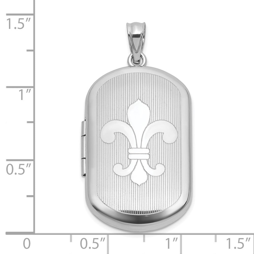 Sterling Silver Rh-Pl Brushed and Polished Fleur De Lis 20mm Rectangle Locket