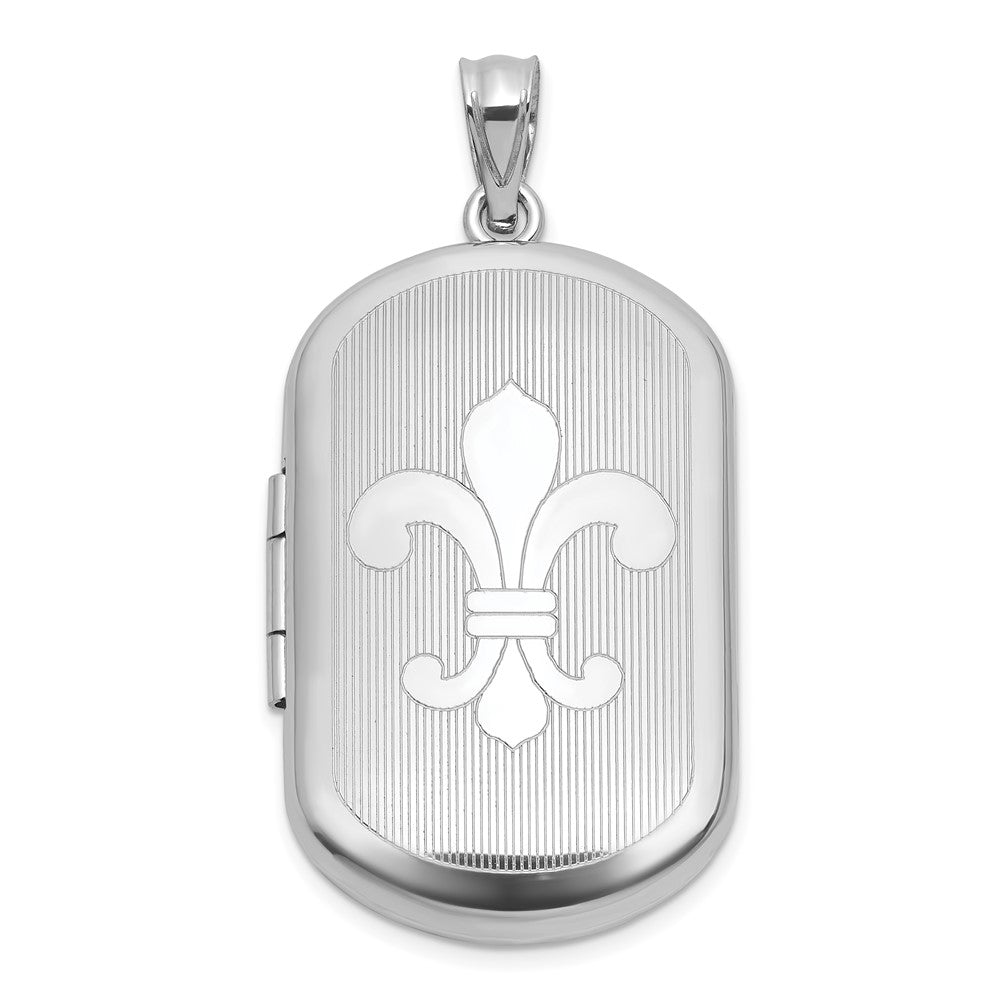 Sterling Silver Rh-Pl Brushed and Polished Fleur De Lis 20mm Rectangle Locket