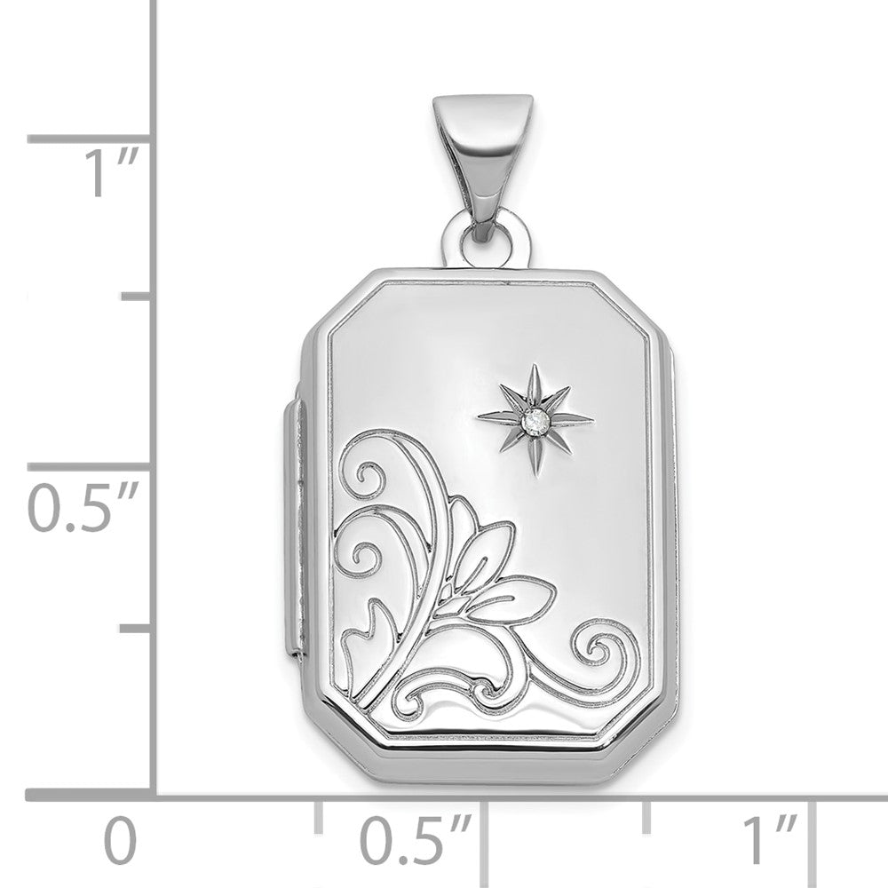 Sterling Silver Rhodium Plated Diamond Flower and Star 20mm Rectangle Locket