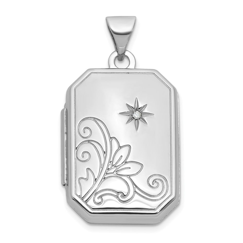 Sterling Silver Rhodium Plated Diamond Flower and Star 20mm Rectangle Locket