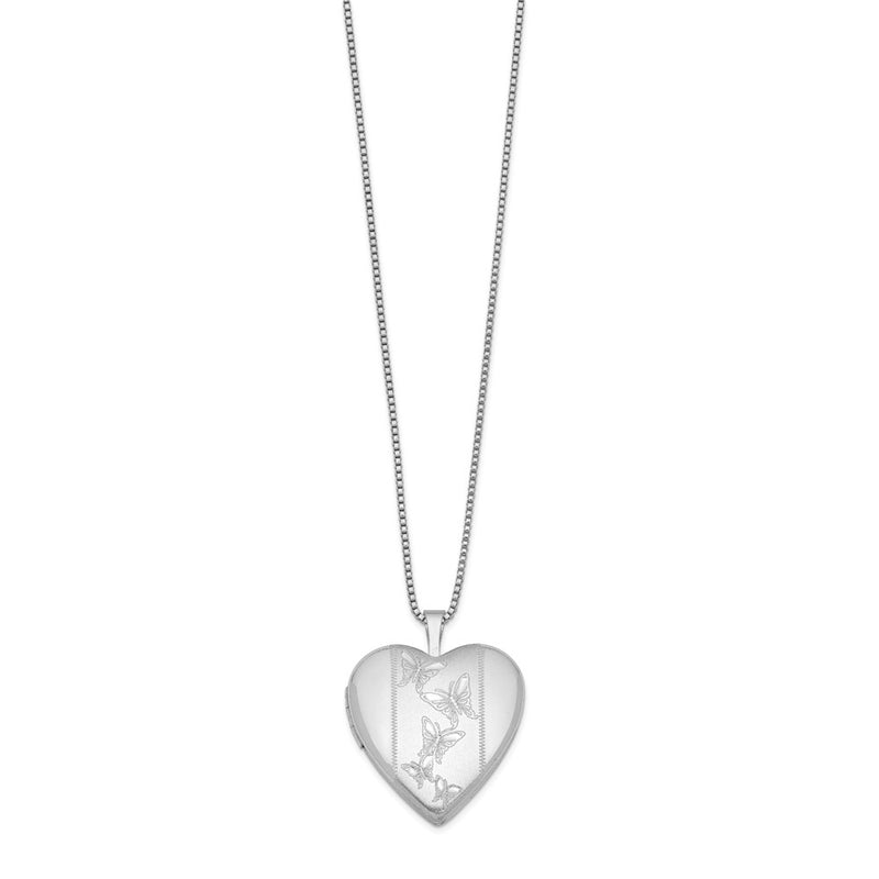 Sterling Silver Rhodium-Plated 20mm Butterflies Heart Locket Necklace