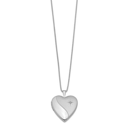 Sterling Silver Rhodium-Plated 20mm Satin Diamond Heart Locket Necklace
