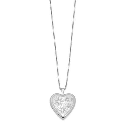 Sterling Silver Rhodium-Plated 20mm With Daisies Heart Locket Necklace