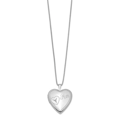 Sterling Silver Rhodium-Plated 20mm Mom Diamond Heart Locket Necklace