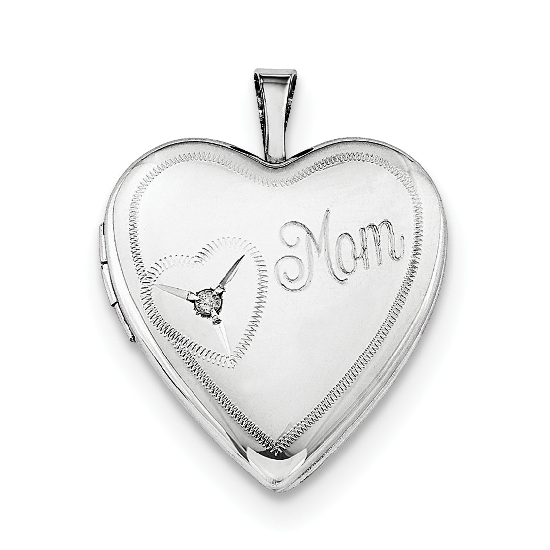 Sterling Silver Rhodium-Plated 20mm Mom Diamond Heart Locket Necklace