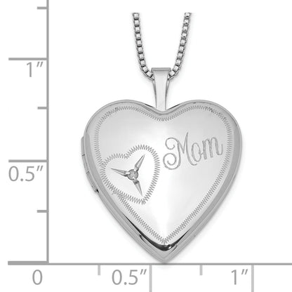 Sterling Silver Rhodium-Plated 20mm Mom Diamond Heart Locket Necklace