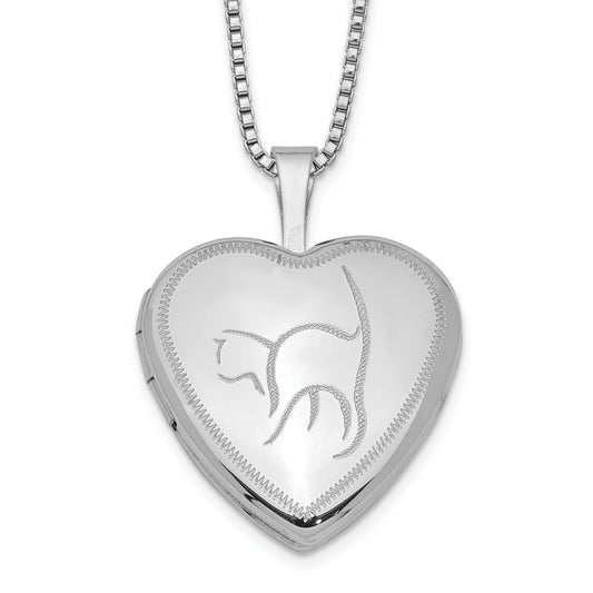 Sterling Silver Rhodium-Plated 16mm Cat Heart Locket Necklace