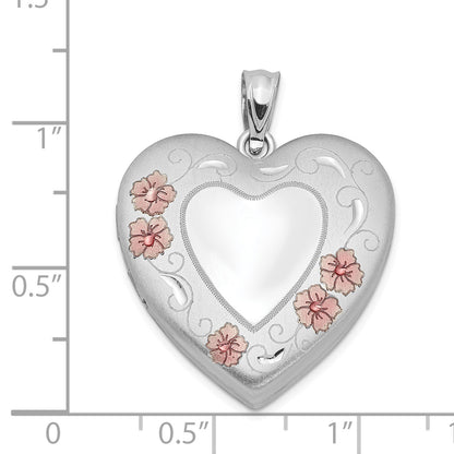 Sterling Silver Rhodium-Plated 24mm Enameled Floral Border Heart Locket