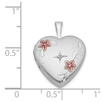 Sterling Silver Rhodium-plated & Diamond 16mm Satin, Enameled, D/C Heart