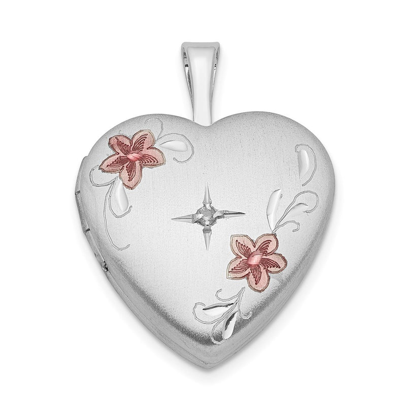 Sterling Silver Rhodium-plated & Diamond 16mm Satin, Enameled, D/C Heart