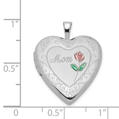 Sterling Silver Rhod-Plated 20mm D/C & Enameled Mom Rose Heart Locket