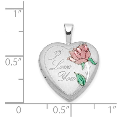 Sterling Silver Rhodium Plated Satin & Enameled I Love You Rose Heart Locket