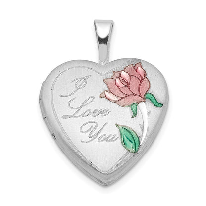 Sterling Silver Rhodium Plated Satin & Enameled I Love You Rose Heart Locket