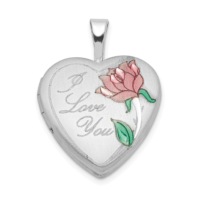 Sterling Silver Rhodium Plated Satin & Enameled I Love You Rose Heart Locket