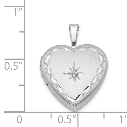 Sterling Silver Rhodium-plated Satin & D/C Diamond Star Heart Locket