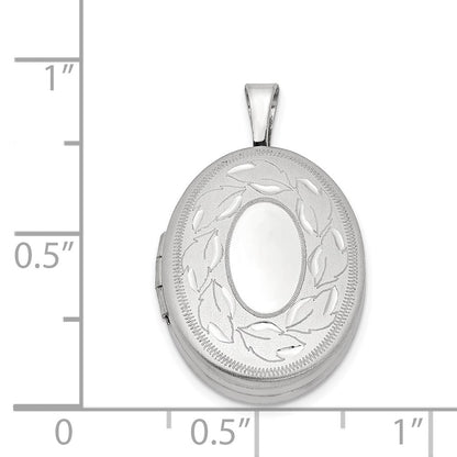 Sterling Silver Rhod-Plated Polished & Satin Leaf Border 19mm Oval Locket
